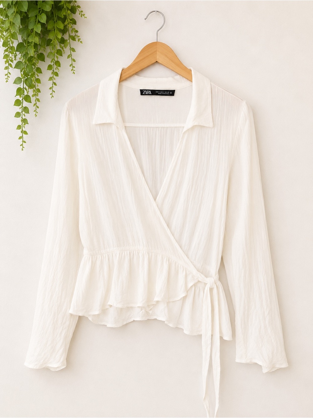 Zara Cream Wrap Blouse with Tie Waist